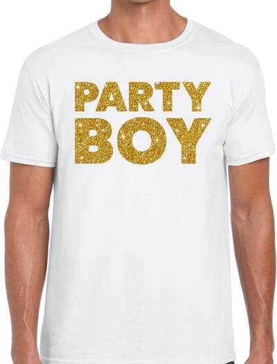 Party Boy gouden glitter tekst t-shirt wit heren - heren shirt Party Boy S