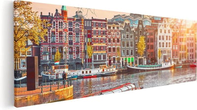 Artaza Canvas Schilderij Grachtenpand - 60x20 cm - Wanddecoratie Amsterdam - Muurdecoratie Rondvaartboot - Kamer Accessoires Zonsondergang