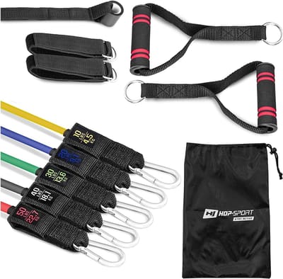 Hop-Sport Weerstandsbanden Set HS-R050RT – 11-delige Expander Set tot 22,7 kg – Stapelbare Fitnessbanden met Handgrepen, Enkelbanden & Deuranker voor Thuis & Outdoor Training