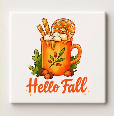 Herfst Koffiemok Tegel 15x15cm – “Hello Fall” Keramische Wanddecoratie met Gezellige Oranje Beker en Seizoensontwerp