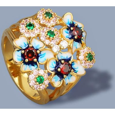 Fleurs en émail incrustées de zircons colorés Style pastoral Décontracté et à la mode Élégante bague pour dames No. 8 beige