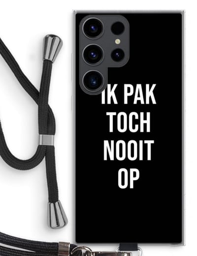 Case Company® - Hoesje met koord geschikt voor Samsung Galaxy S23 Ultra hoesje met Koord - Ik pak nooit op - Zwart - Telefoonhoesje met Zwart Koord - Bescherming aan alle Kanten en Over de Schermrand