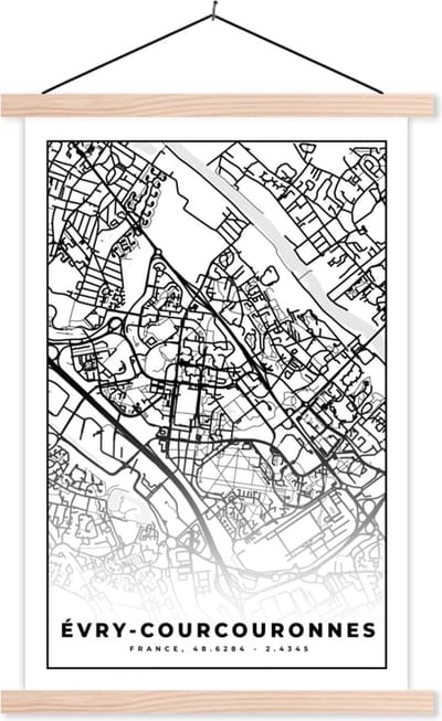 Posterhanger incl. Poster 40x60 cm - Schoolplaat - Stadskaart - Plattegrond - Évry-Courcouronnes - Kaart - Frankrijk - Zwart wit - Textielposter - Blanke latten - Stadskaart