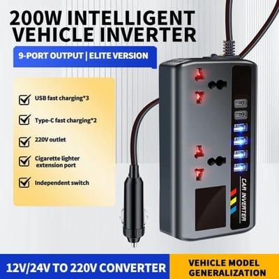 DC 12V/24V naar AC 220V 200W Auto Omvormer PD+QC3.0 Dubbele Type C+4 USB Poorten Telefoon Oplader Sigarettenaansteker Stroomadapter 9 In 1 neonoranje kleur