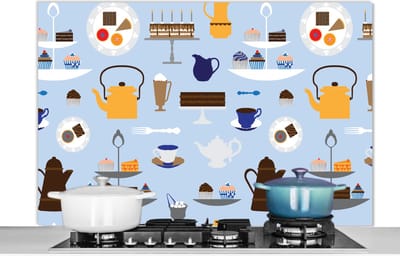 Spatscherm keuken 120x80 cm - Kookplaat achterwand Patronen - Cupcake - Theepot - Thee - Muurbeschermer - Spatwand fornuis - Hoogwaardig aluminium