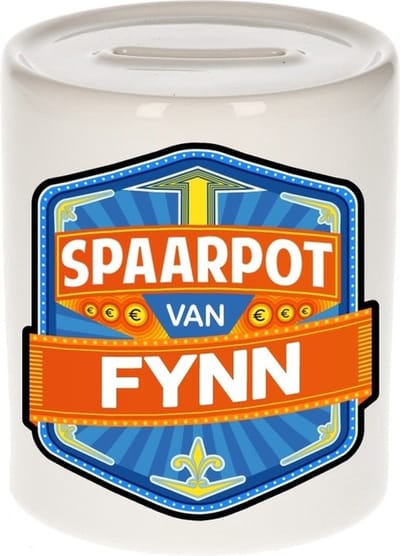Bellatio Decorations Kinder spaarpot met naam - Fynn - keramiek - met dop - wit - Sparen - Spaargeld van Fynn