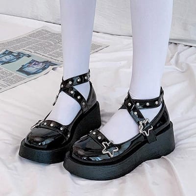 Schoenen met stergesp Dames Schoenen met kruisveters en plateauzool Lakleren Meisjesschoenen Nieten Casual Schoenen 36 zwart