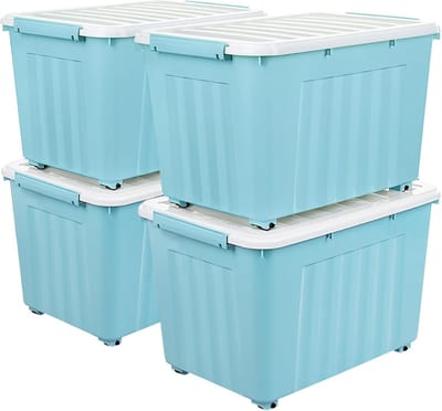 Opbergdozen met Wielen - 55L-4 Pack, Stapelbaar & Nestbaar, Duurzaam Plastiek voor Kantoor- en Thuisgebruik