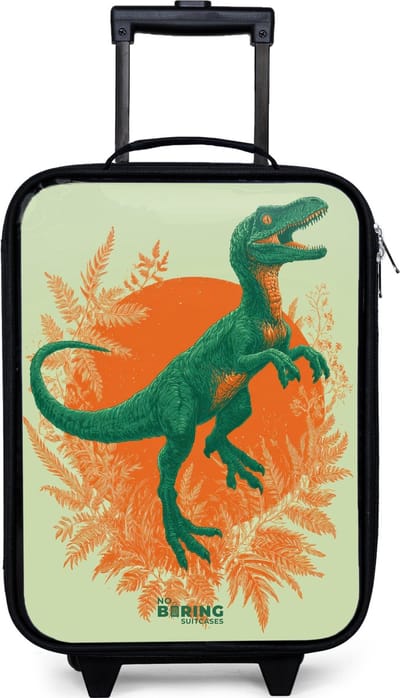 NoBoringSuitcases.com® - Kinderkoffer jongen - Kindertrolley meisje - Groene dino tussen varens - Koffer kind lichtgewicht - Reiskoffer trolley voor kinderen - Koffertje met lichtgevende wieltjes - Rolkoffer zwart
