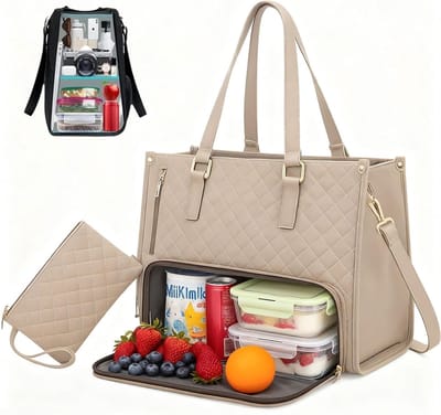 Elegante 2-in-1 Lunchtas en Laptop Bag voor Vrouwen, Isolerende Tote Bag voor Werk, Universiteit en Reizen, Geschikt voor 15.6 Inch Laptop
