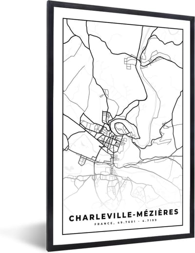 Fotolijst incl. Poster Zwart Wit- Charleville-Mézières - Stadskaart – Plattegrond – Kaart – Frankrijk - Zwart wit - 40x60 cm - Posterlijst