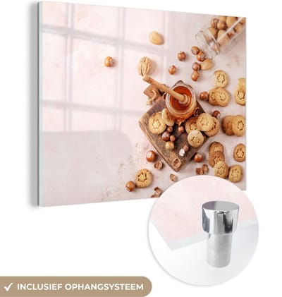 MuchoWow® Glasschilderij 120x90 cm - Schilderij acrylglas - Koekjes - Honing - Noten - Keuken - Foto op glas - Schilderijen