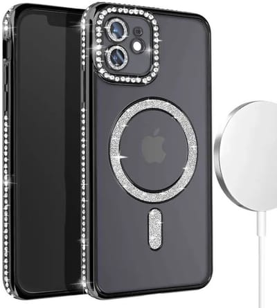 Hoesje met Diamantjes en Glitter Geschikt voor: iPhone 12 Pro Max - MagSafe Glitter Hoesje - Zwart met Diamanten steentjes - Glamour Hoesje