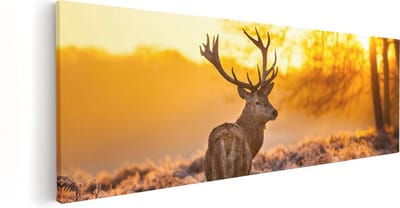 Artaza Canvas Schilderij Hertenkop Met Gewei - 60x20 cm - Muurdecoratie Bos - Wanddecoratie Zonsondergang - Kamer Accessoires