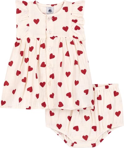 Petit Bateau Katoenen babyjurkje met hartjesprint en pofbroekje Meisjes Kledingset - Rood