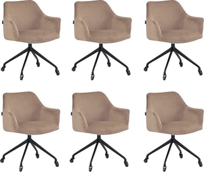 Bronx71® Eetkamerstoel met wieltjes Quinn taupe velvet - Eetkamerstoelen set van 6 - stoel
