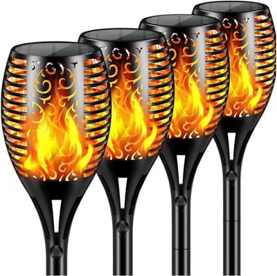 PyroProducts Tuinverlichting op Zonne Energie - 4 Tuinfakkels 69 cm - Vlameffect - Waterbestendig