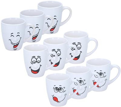 Funny Faces Koffiemokken - drinkbekers - wit - 9x stuks - 3 soorten gezichten - keramiek - 347 ml