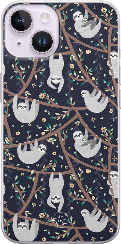 Hoesje geschikt voor iPhone 14 - Luiaard - Soft Case - TPU - Print - Zwart - Mooie Telefoonhoesjes