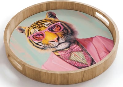 Dienblad rond 40x40 cm - Schootdienblad hout - Tijger - Strik - Jasje - Roze - Borrelplank rechthoek - Plateau houten dienbladen