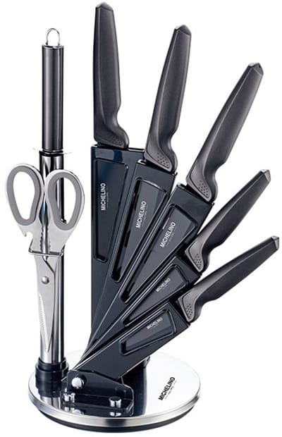 Michelino Messenset 8-delig met Messenblok – Keukenmessenset – Koksmes – Broodmes – Vleesmes – Schilmes – Keukenschaar – Slijpstaal – Acryl Standaard – Grijs
