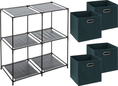 5Five Kastmandjes/opberg manden - smaragd groen - 4x stuks van 29 Liter - Metalen rekje is 67 x 68 cm