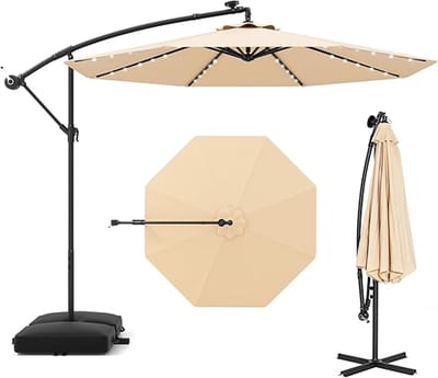 KOMFOTTEU Parasol 300 cm - zweefparasol Solar LED - met zandzakken - met verlichting - draaibaar - kantelbaar - tuinparasol - voor tuinen en balkons