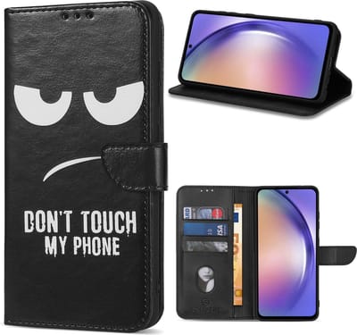 Multimedia & Accessoires Lederen Book Case Hoesje geschikt voor Samsung Galaxy A25 5G – Don’t Touch My Phone – Zwart -Telefoonhoesje – Met Stand – Kaarthouder – Pasjes Houder – Magneet Sluiting – Bookcase