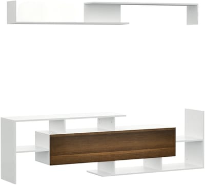 QUESTYR TV‑Meubel Set – TV‑Kast 153,6×25×42 cm + Wandplank 150×14,5×16,3 cm – Wit & Donker Hout – Modern Woonkamermeubel met Opbergruimte
