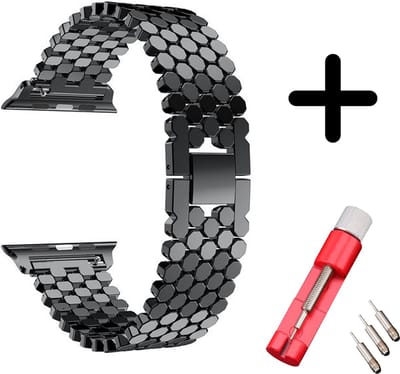 Strap-it Stalen band hexagons - Geschikt voor Apple Watch bandje - Series 1/2/3/4/5/6/7/8/9/10/11/SE/SE2/SE3 - Zwart - Unieke RVS band met hexagon schakels - Voor maat: 38 / 40 / 41 / 42mm - Met inkorter toolkit
