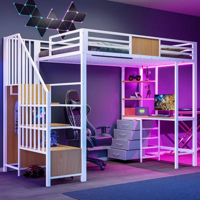 Hoogslaper - 90 x 200 cm - Met Bureau, Opbergvakken, Kleiderstang, LED Verlichting en Stopcontact - Metaal