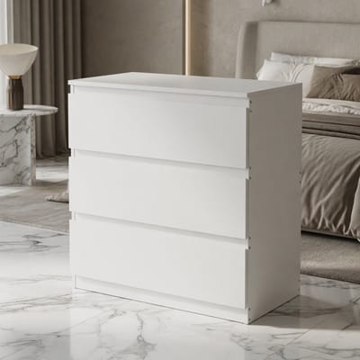 Mobili Bella Moderne Witte Ladekast met 3 Lades – Minimalistische Commode / Opbergkast / Multifunctionele Kast voor Woonkamer, Slaapkamer en Kantoor – Handvatloos Design met Kantelbeveiliging – 70x40x75 cm