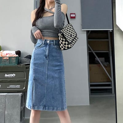 Kleine Lente- en Zomer Midilengte A-lijn Split Taillegesloten Denim Kwastjesrok 2XL blauw