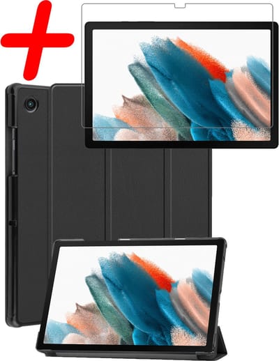 Hoesje Geschikt voor Samsung Galaxy Tab A8 - Met Screenprotector - Trifold Bookcase - Hard Cover - Hardcover Book Case - Tablet Hoes - Zwart