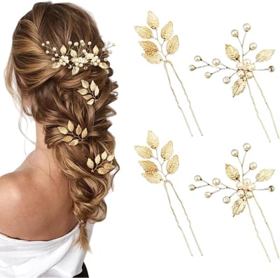 Famanu - 4 stuks Bruids haarclips, goudkleurige bladeren, kristal/strass, vintage voor bruid/bruidsmeisjes