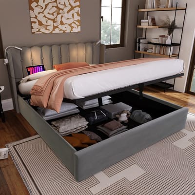 MEUNIQ tweepersoons bed 160x200 met opbergruimte, leeslamp en USB, gestoffeerd bedframe met lattenbodem en opklapbare bedbodem voor slaapkamer, grijs