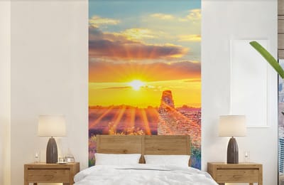 Behang - Fotobehang Lavendel - Zonsondergang - Ruïne - Paars - Breedte 120 cm x hoogte 240 cm