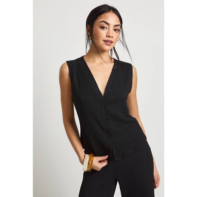 boohoo Dames Mouwloze top met textuur en doorgeknoopte voorkant | Zwart | Maat: 34