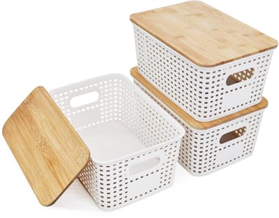 Dailygoods- Opbergdoos 5L met Bamboe Deksel - Stapelbaar - Ventilerend - Plastic - Witte Opbergbox - Decoratief en Elegant - Opbergmand