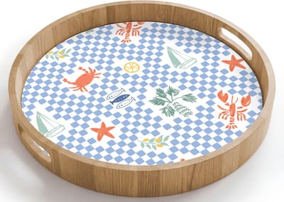 Dienblad rond 40x40 cm - Schootdienblad hout - Zee - Patroon - Zeilboot - Blauw - Borrelplank rechthoek - Plateau houten dienbladen