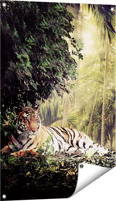 Gards Tuinposter Tijger in de Jungle met Zonneschijn - 60x90 cm - Tuindoek - Tuindecoratie - Wanddecoratie buiten - Tuinschilderij