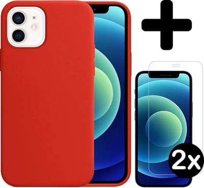 Hoesje - Met 2x Screenprotector - Geschikt voor Apple iPhone 12 - Sterk & Shockproof - Telefoon Hoes - Back Cover - Siliconen Case - Telefoonhoes - Rood