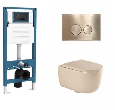 QeramiQ Dely Swirl Toiletset - inbouwreservoir Qeramiq Flush - 35mm zitting - metaal messing geborstelde bedieningsplaat - ronde knoppen - beige