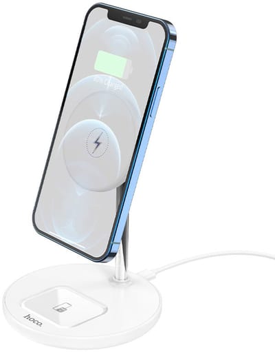 Hoco - Telefoonhouder Bureau - Draadloze Oplader Geschikt voor MagSafe iPhone - 15W - Zilver | Wit