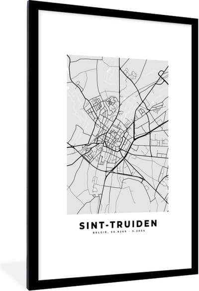 Fotolijst incl. Poster Zwart Wit- Plattegrond – Sint Truiden – Zwart Wit – Stadskaart - Kaart - 80x120 cm - Posterlijst