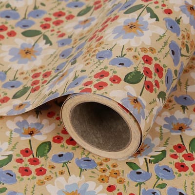 Inpakpapier Rol - Cadeaupapier Bloem - Geschenken Verpakken - Omkeerbaar Bloem/Kraft - 43 cm x 3 meter - Multicolor
