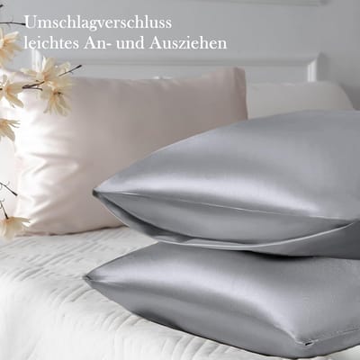 Famanu - Satijnen kussenslopen 50x80 cm grijs set 2, zijdeachtig zacht voor haar en huid, envelopsluiting met 2 haarbandjes