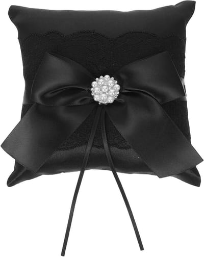 Gothic Bruiloft Ringkussen - Trouwring Houder - Ringen Presenteren - Imitatieparels Decoratie - 15 x 15 cm - Zwart