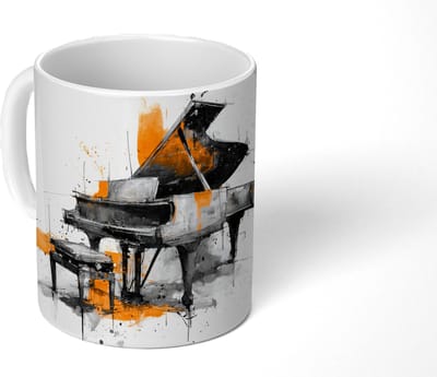 Mok - Koffiemok - Piano - Oranje - Zwart - schets lijnen - Mokken - 350 ML - Beker - Koffiemokken - Theemok