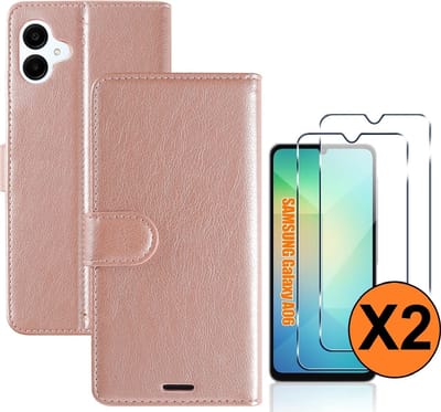 Hoesje geschikt voor Samsung Galaxy A06 hoesje bookcase Rose Goud - Met screenprotector tempered glass voor Galaxy A06 4G - 2x
